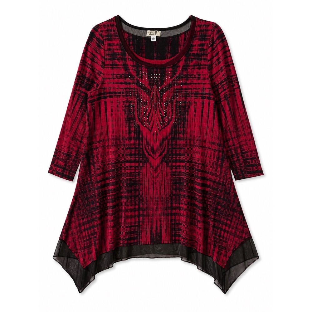 One world red black rhinestone tunic top size small